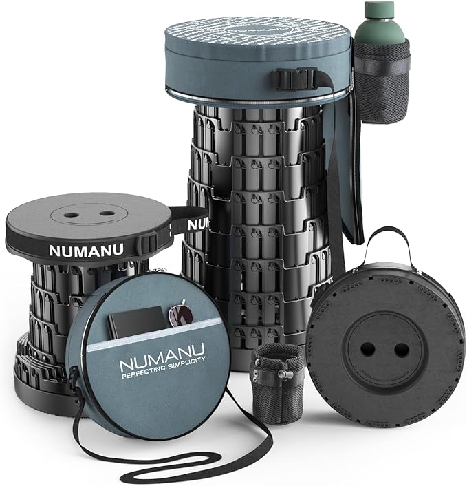 NUMANU 2025 Upgraded Collapsible Stool & 3IN1 Cushioned Carry Bag, Telescopic Folding Stool, Max 620lbs Adjustable Height Camping Chair, Retractable Seat or Travel Footrest for Outdoors, 18" H Stool