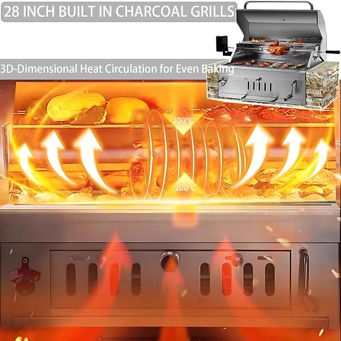 28 Inch Built In Charcoal Grills, Stainless Steel Charcoal bbq Grill Built In with Liftable Charcoal Tray, Rain Fabric cover, Insulated Hood and Temperature Gauge, for Outdoor Camping, Cooking