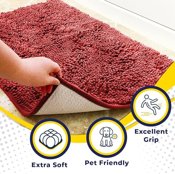 Muddy Mat® Shown on TV – Super Absorbent Microfiber Dog Door Mat for Muddy Paws, Non-Slip Washable Pet Rug, Quick Dry Chenille Entryway Carpet, Machine Washable Indoor Outdoor mat, Red 35"x24"