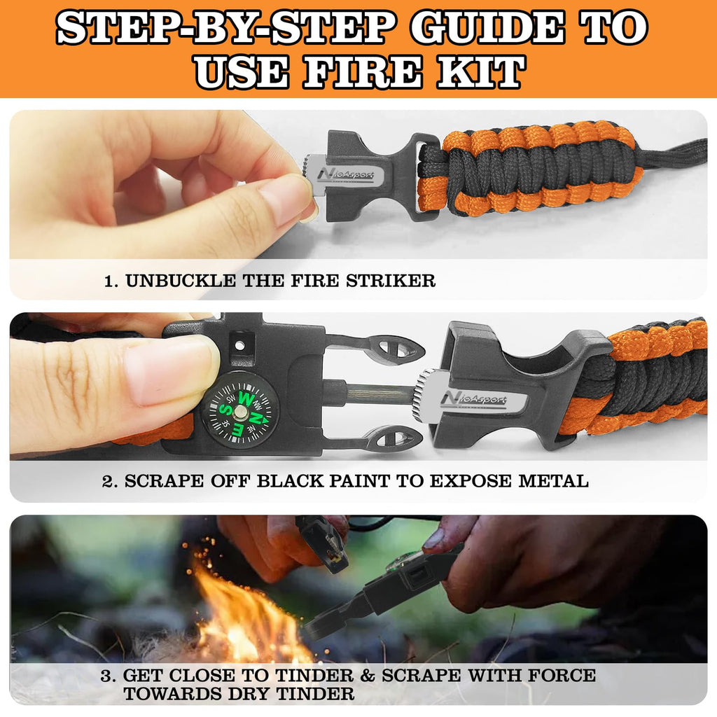 NVioAsport Paracord Survival Bracelet (3 Pack) - Adjustable with Fire Starter, Whistle, Compass - Survival Gear for Hiking, Camping, Fishing, Gifts for Men Dad Husband