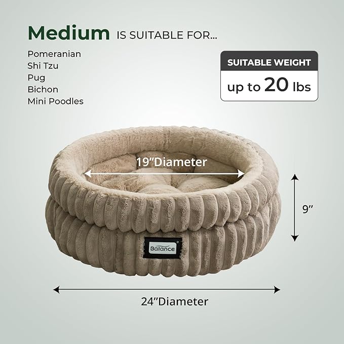 BALANCE Cat Bed Kitten Bed, Washable Round Cat Beds for Indoor Cats,Super Soft Plush Faux Fur Pet Bed for Puppy and Kitten with Anti-Slip Bottom