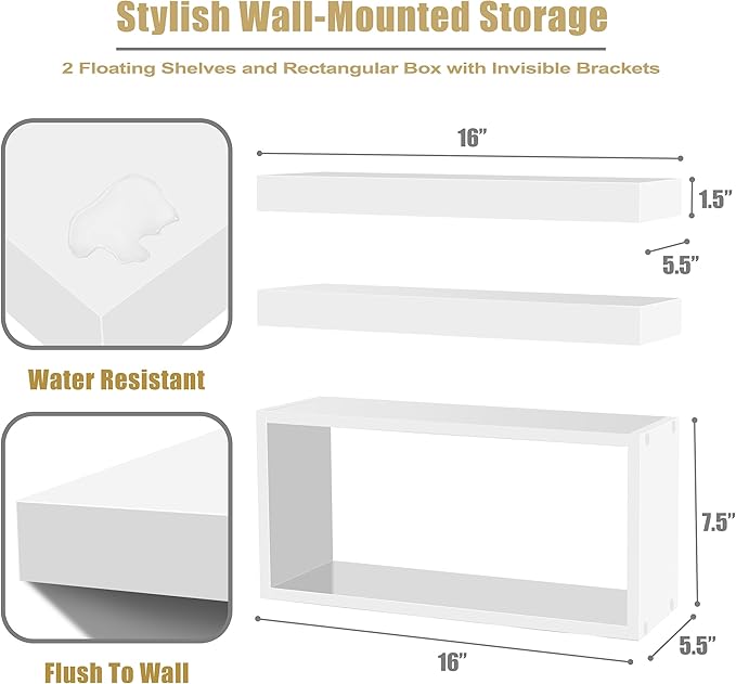 Sorbus Floating Shelves for Wall Set of 3 - Bathroom Shelves for Wall Storage, Over Toilet, Bedroom, Farmhouse, Decor - 2 Floating Shelves with Invisible Brackets & 1 Rectangular Box