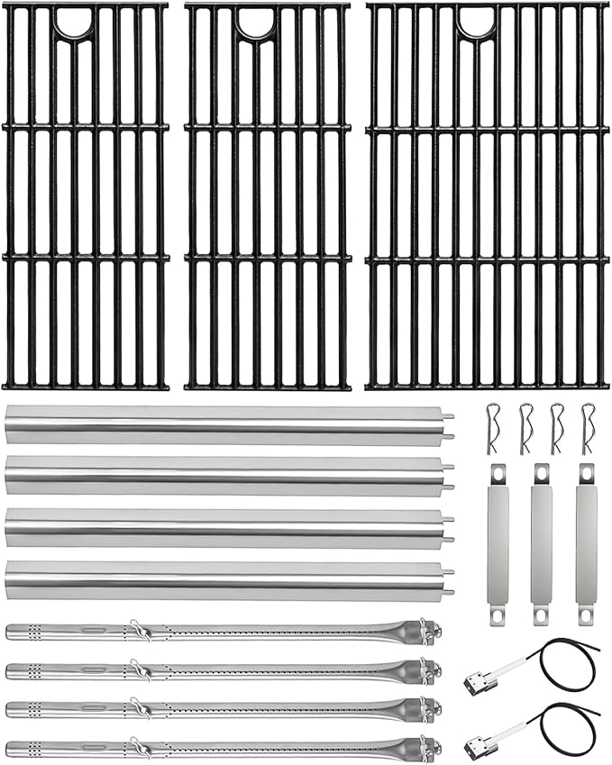 17" Grill Part Kit for Charbroil Performance 4 Burner 463352521 463354021 463365522 463365021 463350521, Grill Grates/Heat Plates/Burners/Adjustable Crossover Tube/Ignition for Charbroil Grills