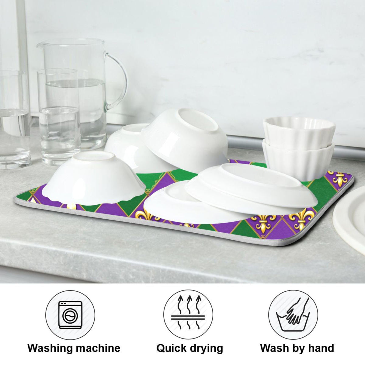Happy Mardi Gras Purple Green Dish Drying Mat for Kitchen Countertop 16x18 Fleur de Lis Buffalo Plaid Small Drying Mat Reusable Quick Dry Dish Sink Mats Easy Clean Decorative Essentials
