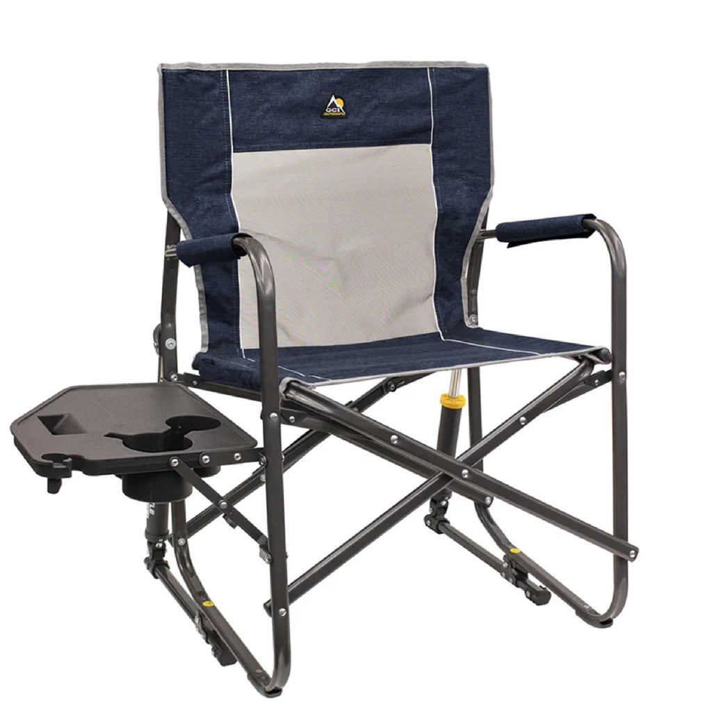 GCI OUTDOOR Freestyle Rocker with Side Table Camping Chair | Portable Folding Rocking Chair with Solid, Durable Armrests, Drink Holder & Comfortable Backrest — Heathered Indigo