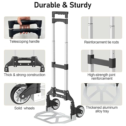 Folding Hand Truck - Aluminum Portable Dolly Cart with Telescopic Handle, Bungee Cord - Compact Lightweight Foldable Luggage Cart for Moving, Home, Auto, 180lbs, Black