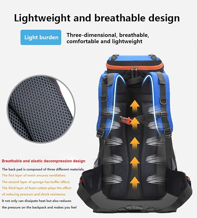 Bseash 60L Hiking Camping Backpack with Rain Cover, Waterproof Large Capacity Outdoor Sport Travel Daypack Climbing Touring (Blue Green)
