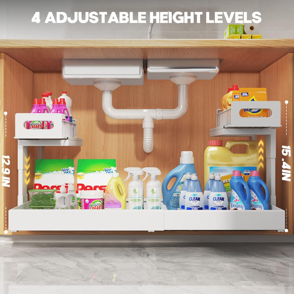 1 Pack-19"-32"W Expandable Under Sink Organizer With Upgrade Ball-Bearing Slide,2-Tier Pull Out Under Cabinet Organizer Height Adjustable,Not Suitable For Cabinets With Partitions In The Middle