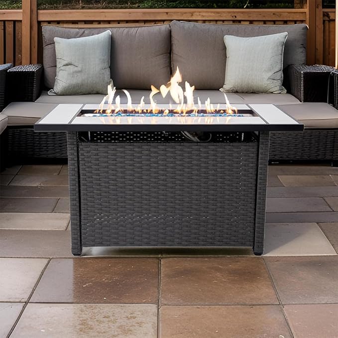 Tirana Propane Fire Pit Table 45" Outdoor Firepit 50,000 BTU Firepits for Outside with Lava Rocks and Removable Lid Metal Fire Pit Outdoor Fireplace Propane Fire Pits for Outside CSA Certified