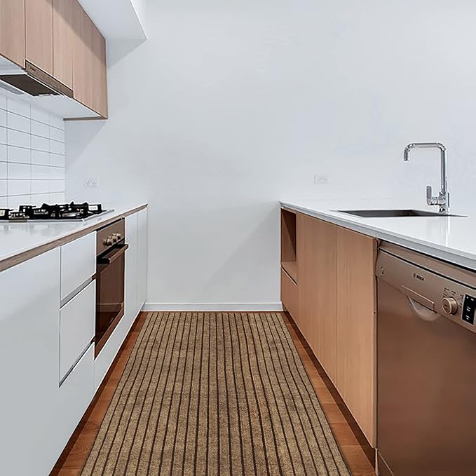 3' x 77' Runner Rugs with Rubber Backing, Indoor Outdoor Utility Carpet Runner Rugs, Stripe Brown, Can Be Used as Aisle for The RV and Boat, Laundry Room and Balcony