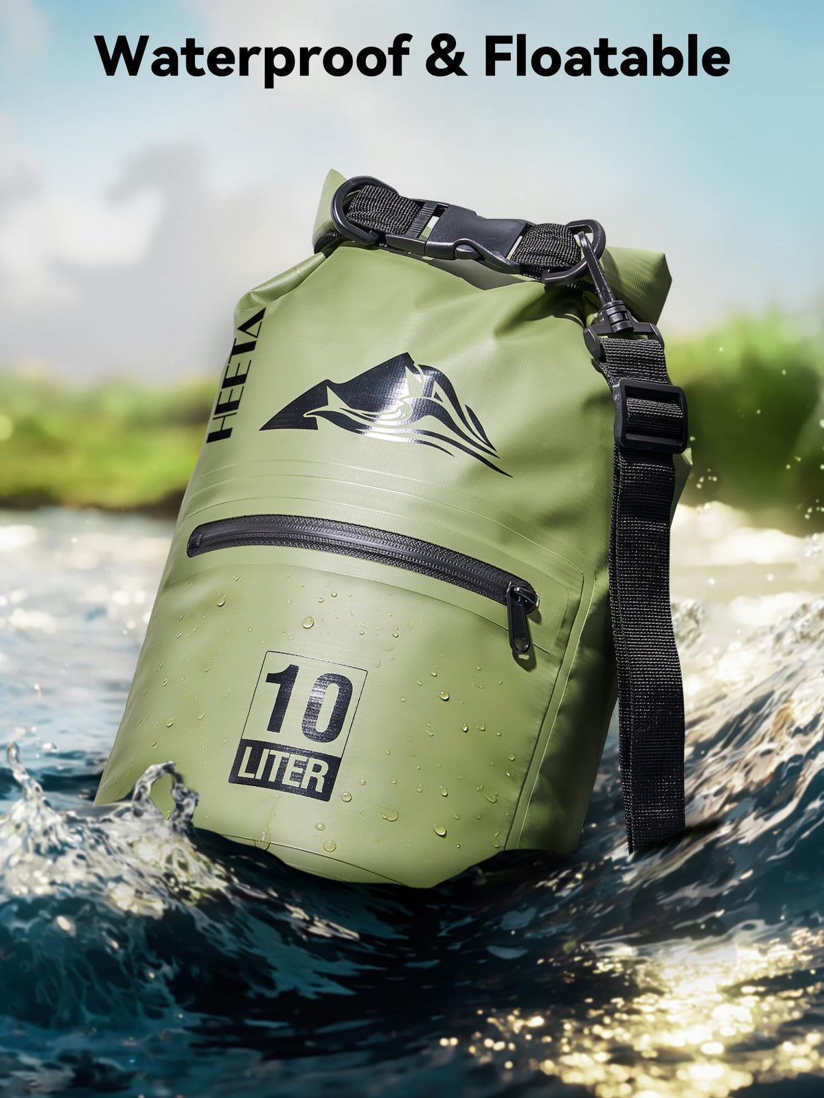 HEETA Waterproof Dry Bag Backpack with Zippered Pocket (Green, 10L)