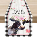 Cow Farmhouse Table Runner, Rustic Black White Plaid Buffalo Animals Flower Rose Farm Coffee Table Center Decor for Family Kitchen and Living Room Country Holiday Party Table Decorations, 13" X 108"