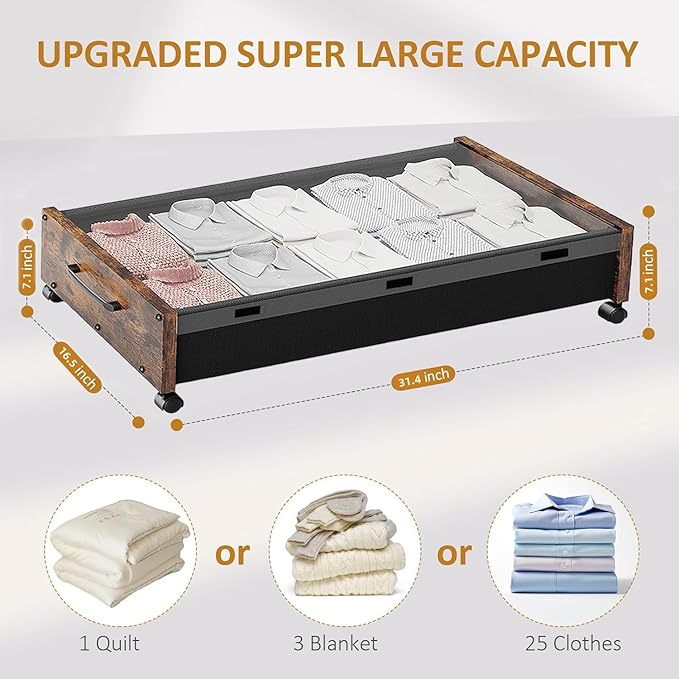 Under Bed Storage with Wheels, Rolling Underbed Storage Drawers, Wooden Under the Bed Storage with Remove Lid, Large Metal Storage Bins for Shoes Blankets Clothes Bedrooms Dorms (Vintage Brown-2pack)