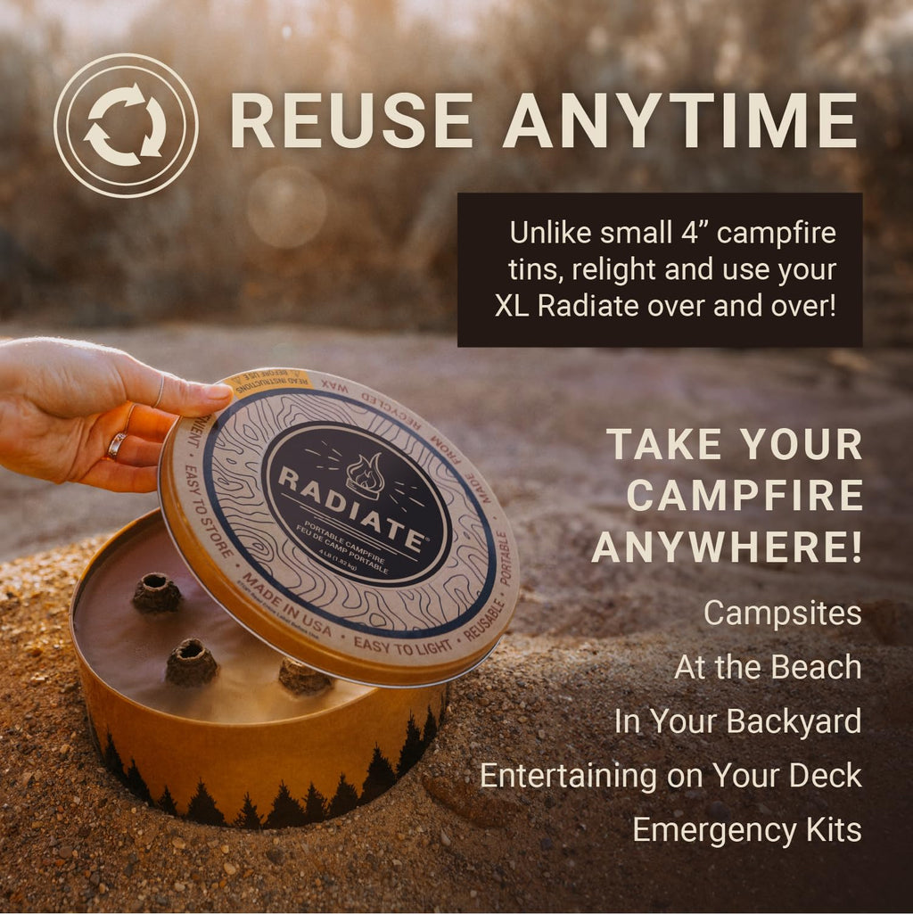 Radiate XL 8" Portable Campfire As Seen On Shark Tank - Up to 2 Hours of Burn Time - Reusable Travel Fire Pit for Camping, Patios & Beach Days - Portable Fire Pit - Made in USA