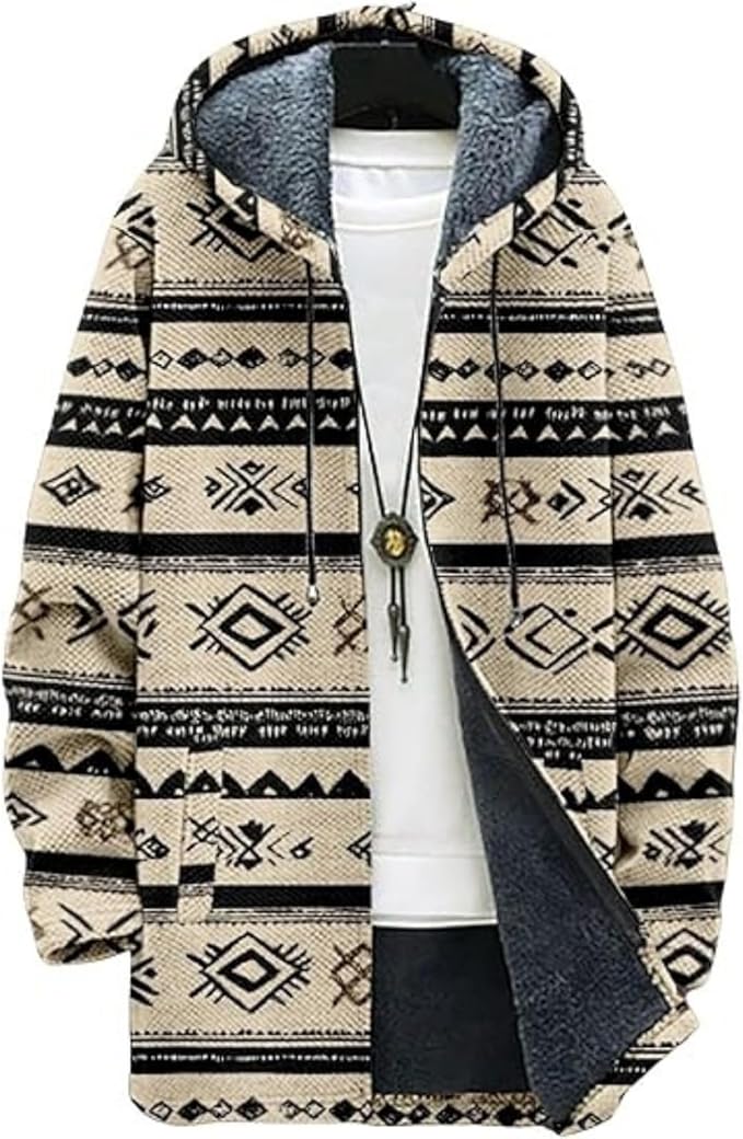 Men's Hooded Sweater Coat Knit Fleece Lined Long Cardigan Jacket with Zip Front Pocket Vintage Casual Zip Up