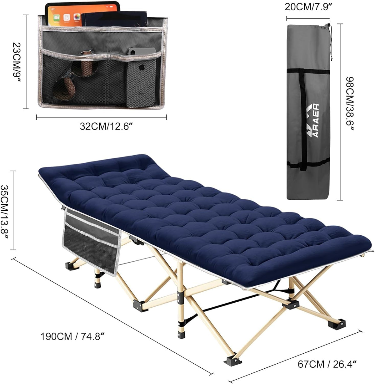 ARAER Camping Cot with Mattress 450LBS Portable Folding Outdoor Bed with Carry Bag for Adults Kids, Heavy Duty Cot for Traveling Gear Supplier, Office Nap, Beach Vocation and Home Lounging (Navy blue)