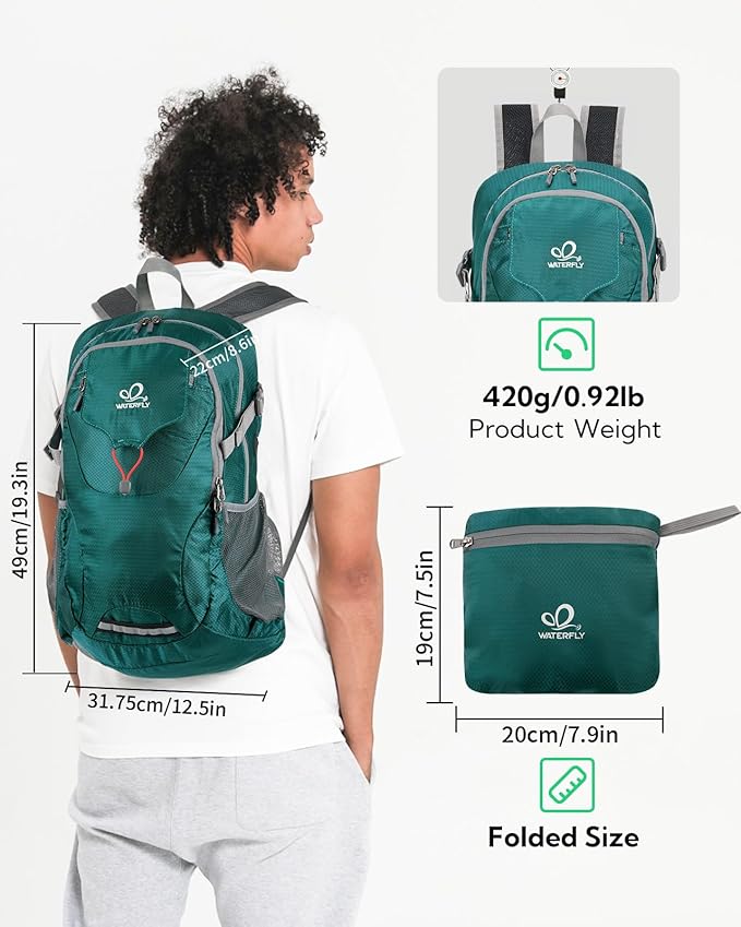 WATERFLY Lightweight Packable Hiking Backpack: 30L Foldable Travel Daypack Ultralight Camping Day Pack for Woman Man