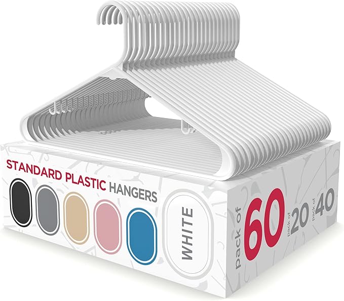 Sharpty Plastic Clothes Hangers - Adult Plastic Hanger - Clothing Hangers - Standard Hangers for Clothes - Space Saving Hangers - Ideal for Shirt, Dresses, Coat Hangers (60-Pack, White)