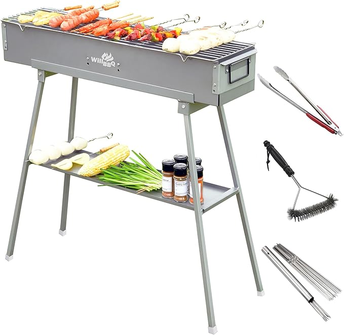 WILLBBQ Charcoal Grills Commercial Quality Portable Hibachi BBQ Lamb Skewer Folded Camping Barbecue Grill for Camping(31.6x7.1x5.1inch With Accessories) - The Perfect Gifts for Grill Lovers