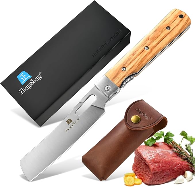 Folding Chef Knife with Leather Pouch 4.8” Sharp 440A Stainless Steel Blade Olive Handle Pocket Foldable Japanese Style Kitchen Knife for Outdoor Camping BBQ trip Cooking.