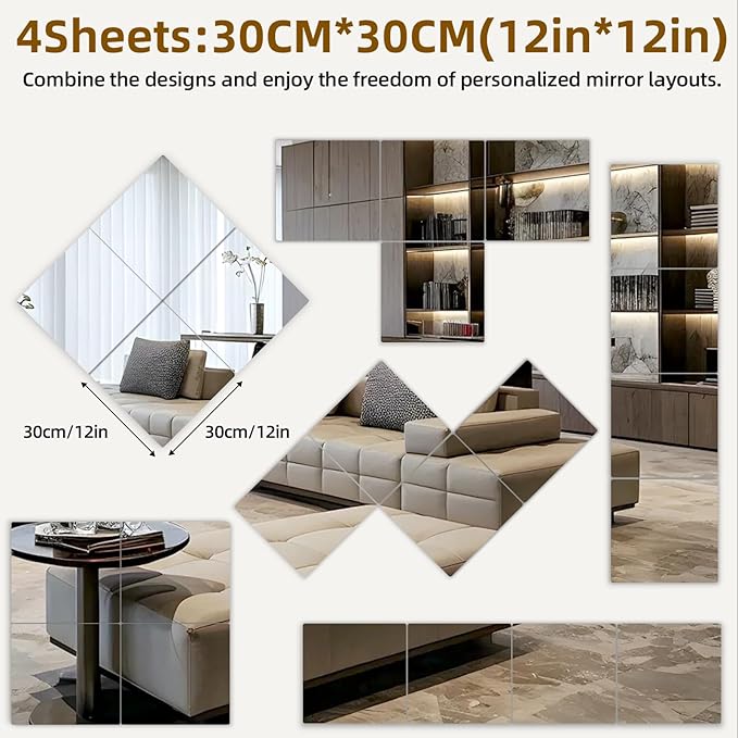 Stick on Small Mirror for Wall Decor, 4 Pack 11.7”x11.7” Acrylic Mirror Tiles, Plastic Non Glass Sticky Kids Safety Toddler Mirrors, Shatterproof Mirrors Sheet for Bedroom Closet