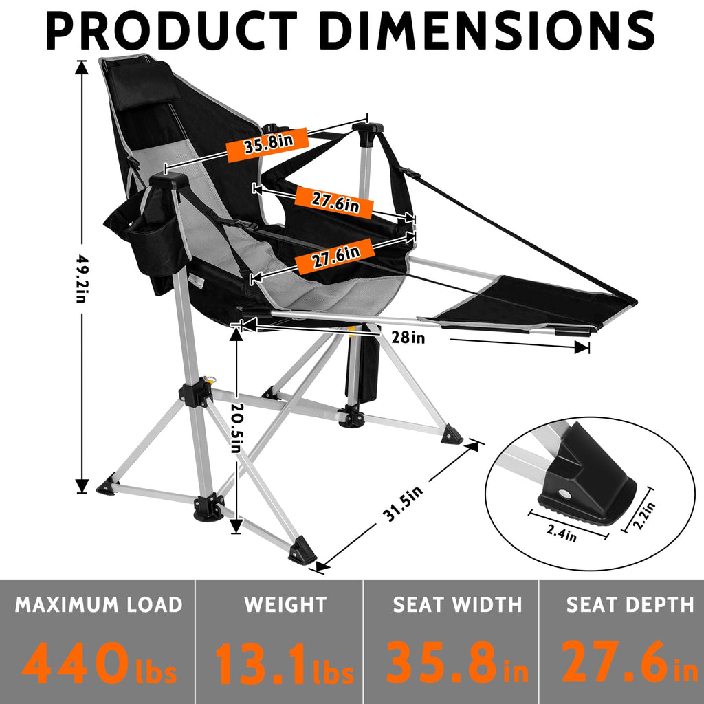 Romswi 2-Pack Aluminum Hammock Chair with Footrest, Oversized Portable Folding Swinging Chair with Adjustable Back & Seat, Lightweight Rocking Camp Chair Supports 440lbs for Outdoor, Patio - Black