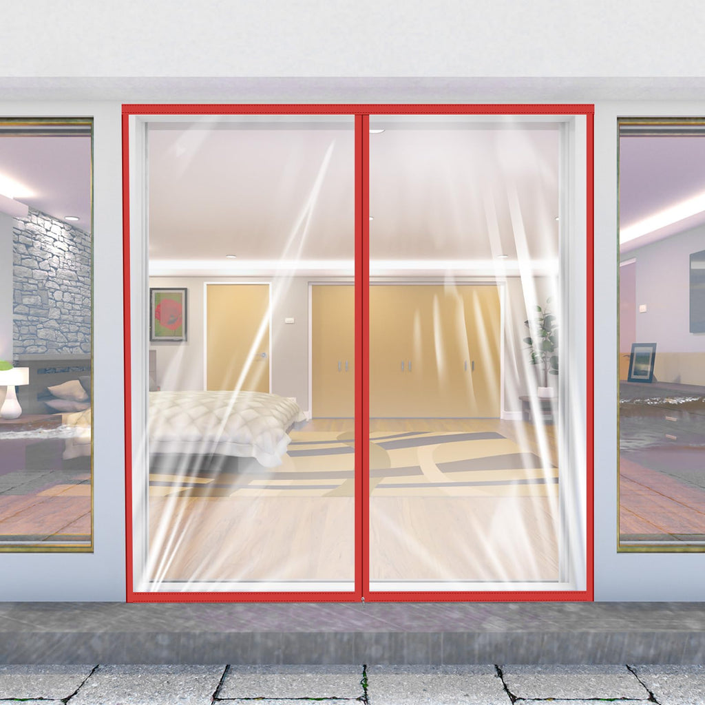 Zipper 72 x 80 Inch Dust Barrier Door Red 6 x 6.7 ft Winter Construction Door Reusable Plastic Curtain Cover Containment Standard Doorway Temporary Wall Screen Sheeting for Bathroom Hallway