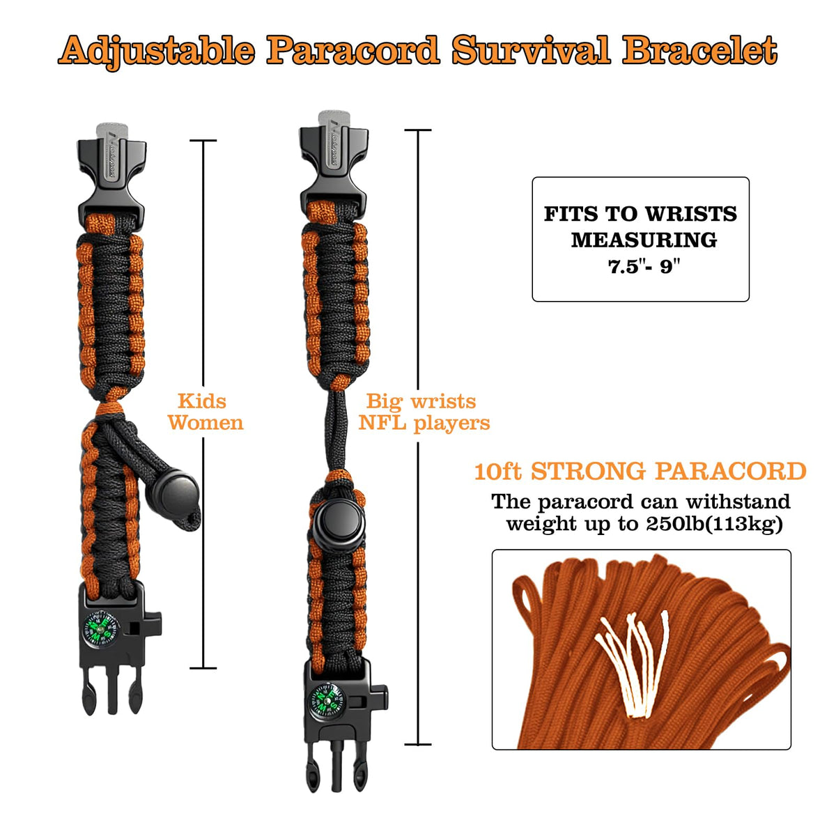 NVioAsport Paracord Survival Bracelet (3 Pack) - Adjustable with Fire Starter, Whistle, Compass - Survival Gear for Hiking, Camping, Fishing, Gifts for Men Dad Husband