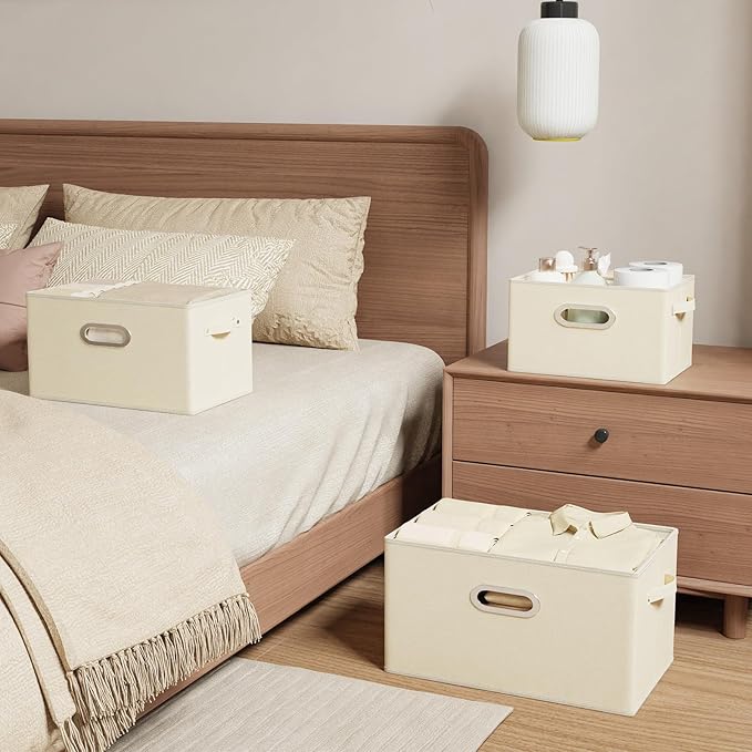 Foldable Cloth Basket with 4 Handles, Decorative Open Storage Boxes, Stackable Cube Organization, Fabric Bins for Shelves, Closet, Living Room, 10.2x7.9x6.7in, Beige, 4 Pack