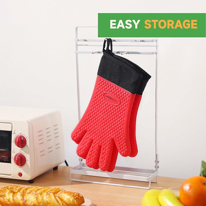 GEEKHOM BBQ Gloves Heat Resistant Oven Mitts - Silicone Grilling Gloves with 13.7" Arm Protection - Waterproof Pot Holder Non-Slip for Men & Women, Kitchen Outdoor Cooking, Baking, Camping, Red