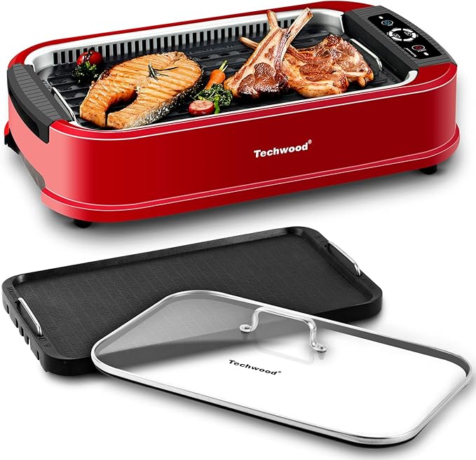 Indoor Smokeless Grill, Techwood 1500W Electric BBQ Grill with Temperature Control, Korean Grill Removable Non-Stick Grill & Griddle Plates, Tempered Glass Lid, Red