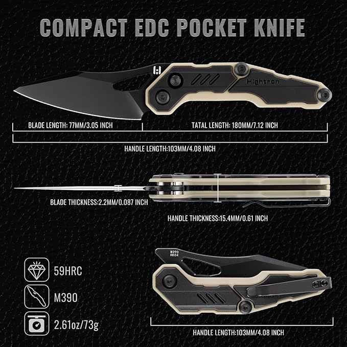 Hightron Spectron Folding Pocket Knife, 3.05" M390 Steel Blade and Nylon Fiber Handle, Sharp EDC Knives with Pocket Clip for Camping Survival Hiking Unisex Black&Khaki