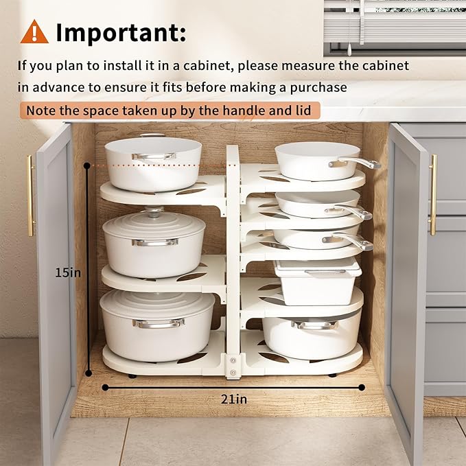Adjustable Heavy Duty Pots and Pans Organizer Under Cabinet, 8-Tier Pot and Pan Organizers Inside Cabinet, Kitchen Cabinet Organizers and Storage, White