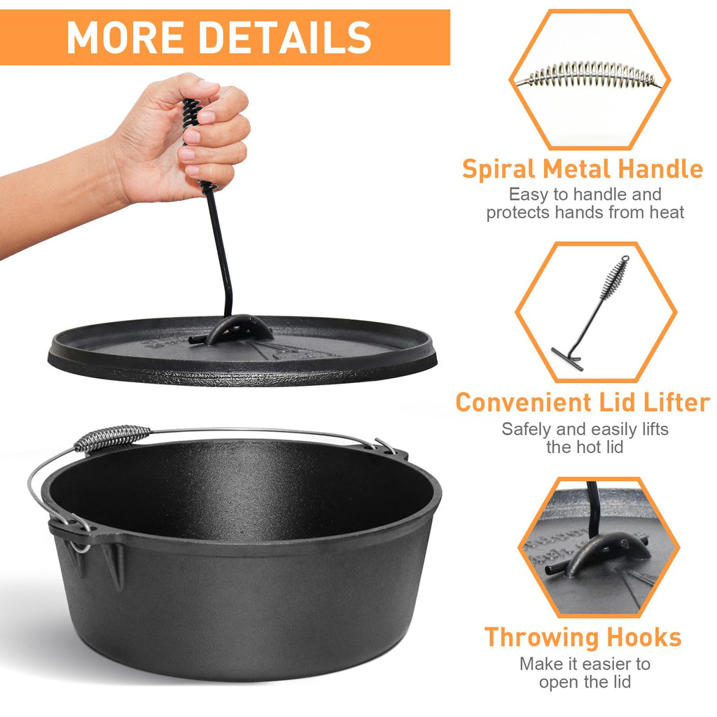 NSIRONS Camping Dutch Oven,12 Qt Pre-Seasoned Cast Iron Camp Dutch Oven Pot with Lid - Lid Lifter, Cast Iron Dutch Oven with Metal Handle for Cooking BBQ Baking Campfire Modern Black