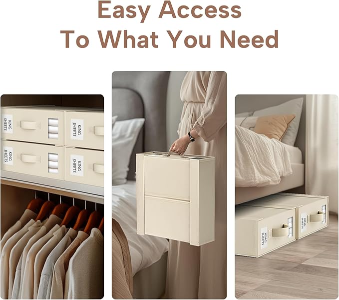 Criusia Bed Sheet Organizers and Storage, 4 Pack Foldable Linen Closet Organizers – Bedding Holder for Sheet Set (King/Queen Sizes), Duvet Covers, Blankets (Beige)