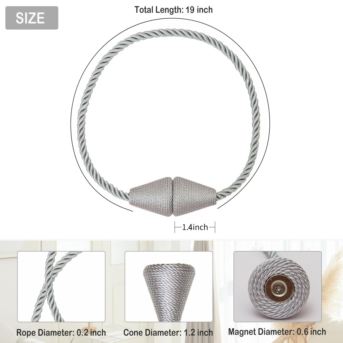 Magnetic Curtain Tiebacks 2 Pack Outdoor Rope Curtain Tie Backs Decorative Window Treatment Holdbacks for Home Decorative Curtain