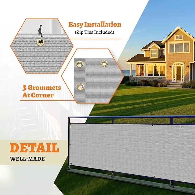 2.5' x 133' Balcony Privacy Screen Fence Cover with Zip Ties Grommets for Apartment Patio Porch Deck Backyard Outdoor (Gray)