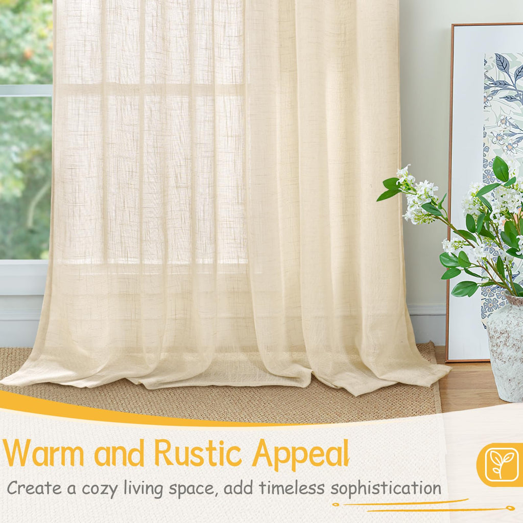 Linen Semi Sheer Curtains 48 Inch Length for Living Room Window (2 Count)