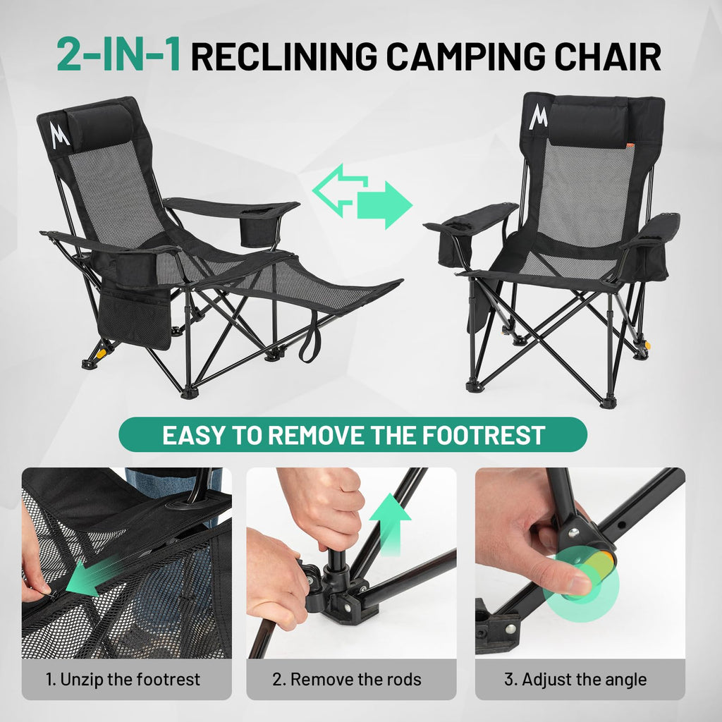 Overmont Reclining Camping Chair with Footrest - 4-Position Adjustable Backrest Lightweight Folding Lounge Chair for Adults with Pillow Carry Bag - Support 300LBS Portable for Outdoor Beach Lawn Patio