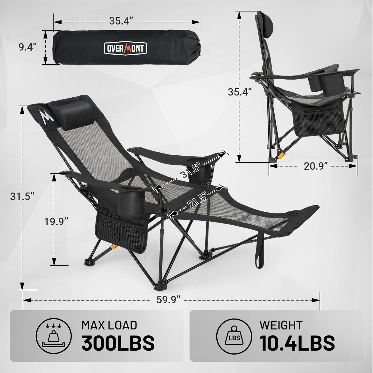 Overmont Reclining Camping Chair with Footrest - 4-Position Adjustable Backrest Lightweight Folding Lounge Chair for Adults with Pillow Carry Bag - Support 300LBS Portable for Outdoor Beach Lawn Patio