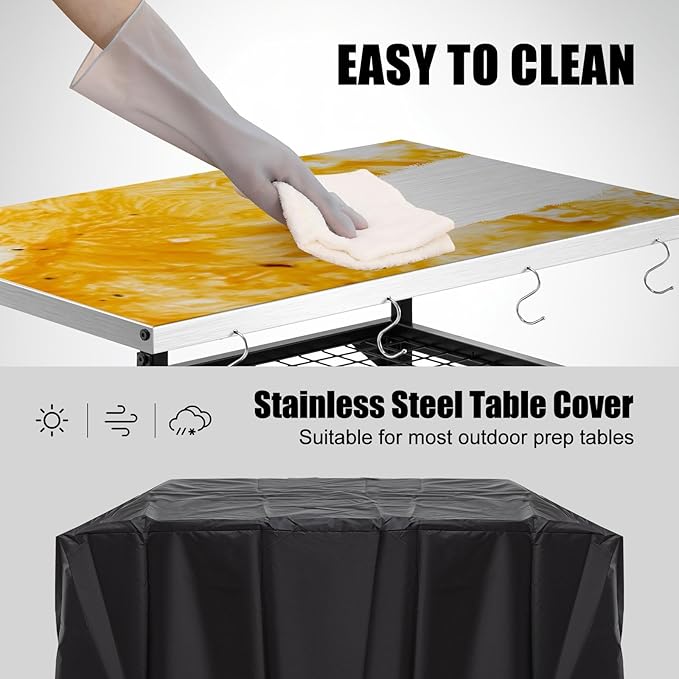 3-Shelf Outdoor Grill Table, Pizza Oven Tables with Waterproof Cover, Movable Dining Cart, Trolley Table with Wheels, Outdoor Kitchen Cooking Prep BBQ Cart for Home Party, Bar,Camping