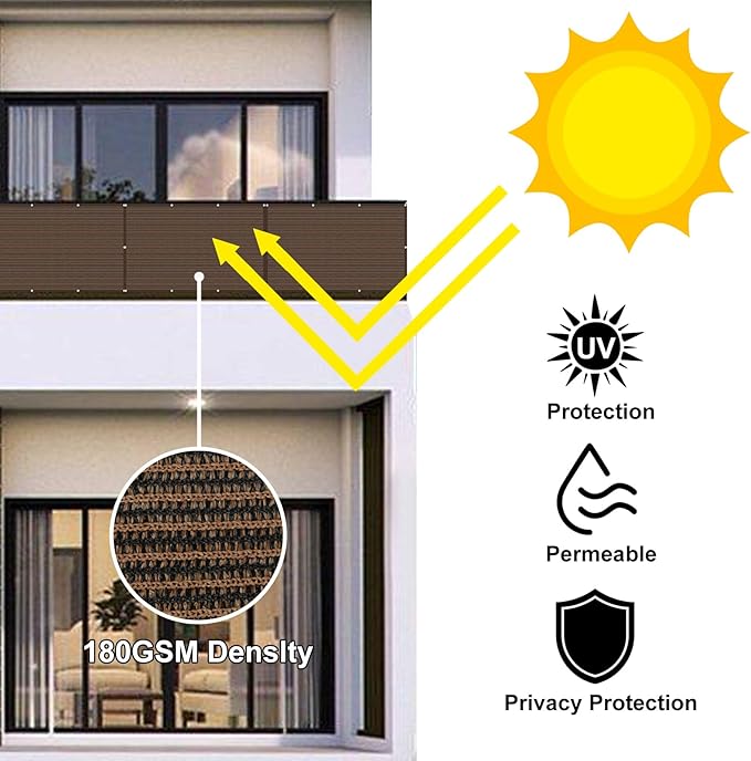Eden's Decor Balcony Privacy Screen Brown 4'x 43' Cover Mesh Windscreen Weather-Resistant UV Protection for Backyard Deck, Patio, Balcony, Pool, Porch, Fence, Railing, Gardening