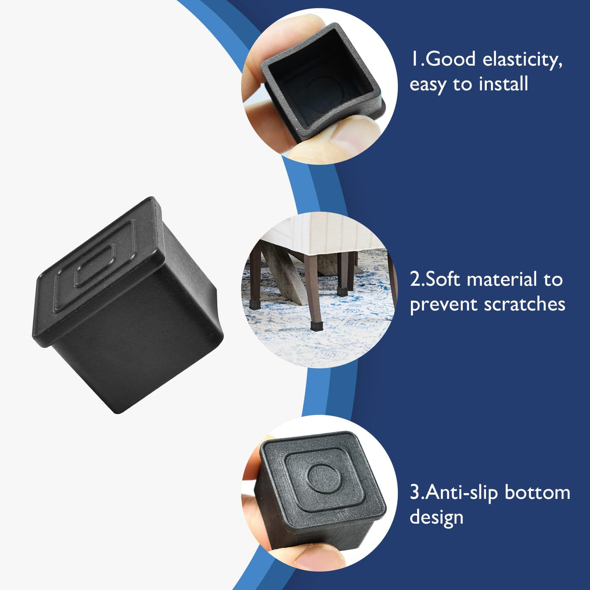 4 Pcs 1-3/4" x 1-3/4" Black Square Rubber Chair Leg Caps (4 Count)