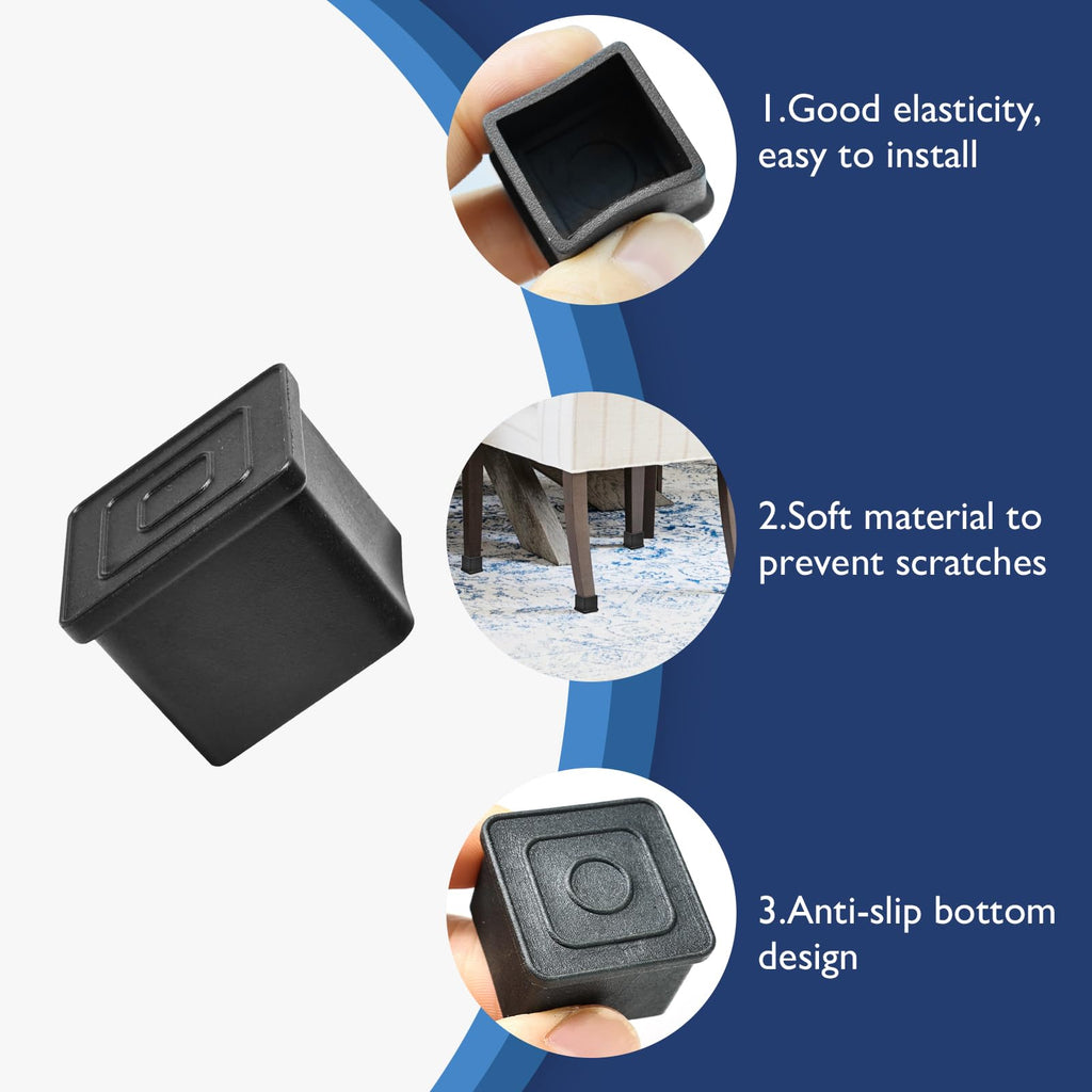 4 Pcs 4" x 4" Black Square Rubber Chair Leg Caps (4 Count)