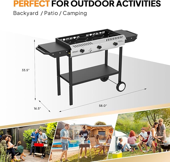 ROVSUN 3 Burner Outdoor Propane Gas Stove with Ignition, Regulator & Side Shelves, 225,000 BTU Rolling Gas Stove Outdoor Cooker for Backyard Patio Cooking Home Camping Brewing Canning Turkey Frying