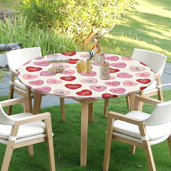 Valentines Day Round Fitted Tablecloth with Elastic Pink Red Love Hearts Circle Table Cloth for 48-52" Round Tables Wipeable Waterproof Valentines Decorative Table Cover for Picnic Dining Party Decor