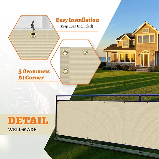 2.5' x 127' Balcony Privacy Screen Fence Cover with Zip Ties Grommets for Apartment Patio Porch Deck Backyard Outdoor (Beige)