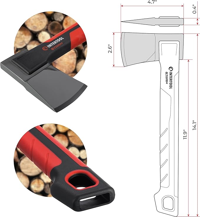 INTERTOOL Hatchet Lightweight for Camp Firewood Splitting & Kindling - Small 14" Wood Chopping Axe with Shock Absorbing Anti-Slip Handle & Sheath - Ax for Outdoor, Hiking, and Gardening - HT08-0291