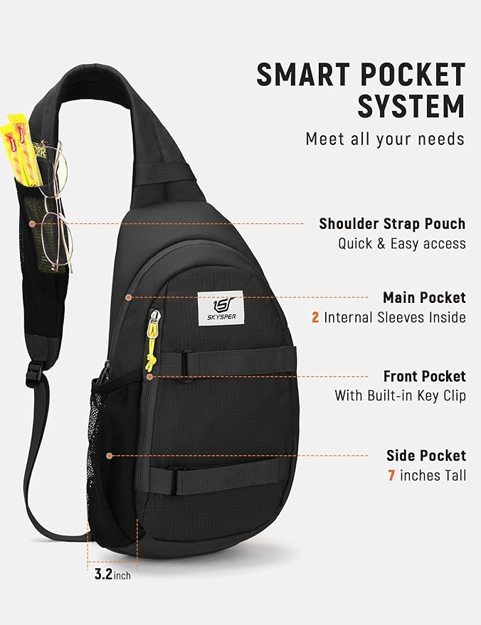SKYSPER Sling Bag Anti-Theft RFID Crossbody Bag Travel Cross Body Backpack Shoulder Hiking Sling Daypack(Black)
