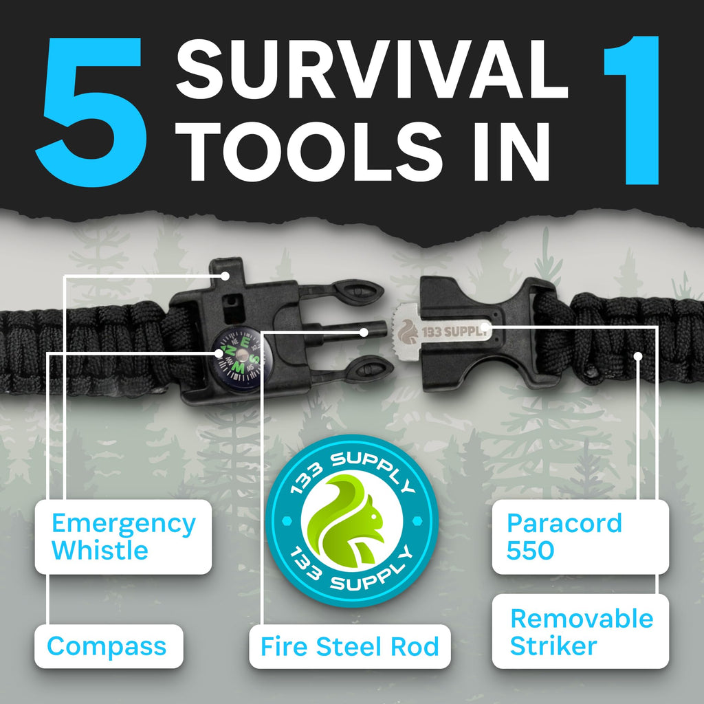 133 SUPPLY Tactical Paracord Compass Hiking Survival Bracelet Men Dad Gifts Camping Accessories Hiking Gear Women Hunting Gear Fishing Essentials Flint Steel Tool Fire Starter Kit Whistle Bear Safety